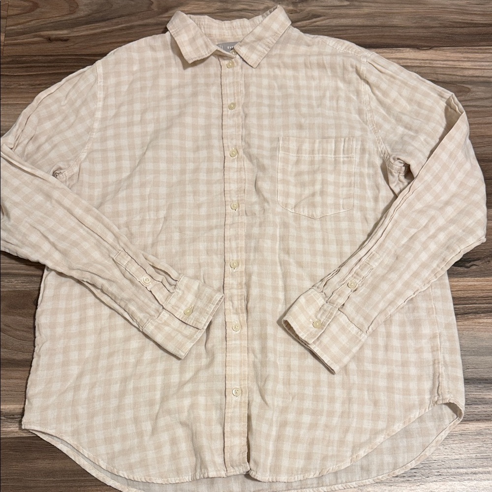 Everlane 100% Cotton Beige Gingham Button Down Shirt L/S Women’s Sz. 10